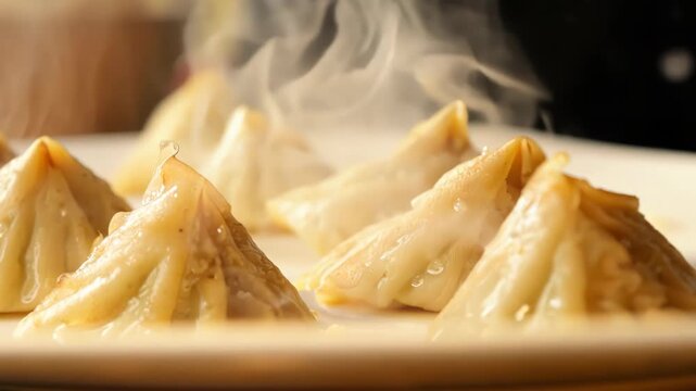 Steam rising over the plate of traditional dumplings or manti, national steamed food stuffed with meat