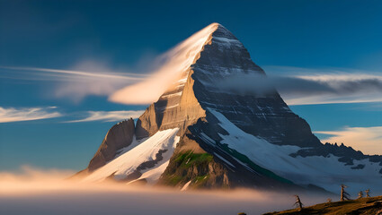 A dramatic, towering mountain peak reaching for the clouds