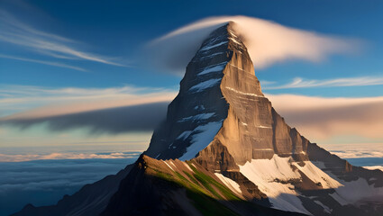 A dramatic, towering mountain peak reaching for the clouds