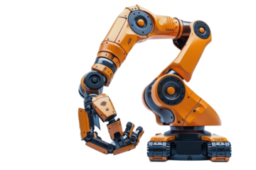 A robotic arm assembling parts on a white background.