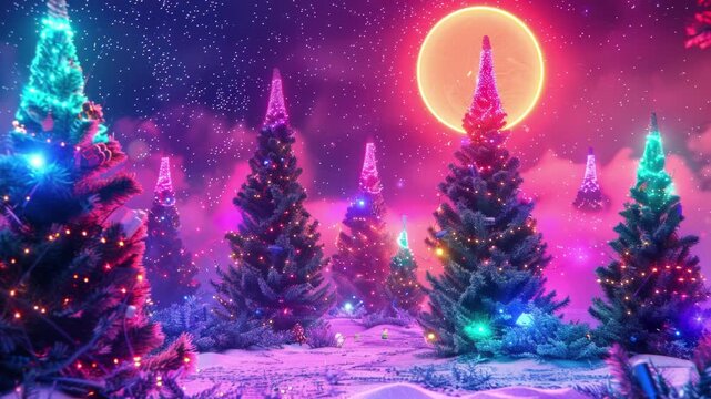 Christmas in synthwave style with neon-lit trees and a vibrant background. Seamless Loop Animation