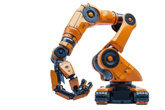 A robotic arm assembling parts on a white background.