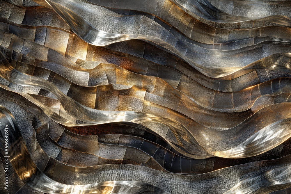 Poster interwoven metallic threads form a fluid mosaic of waves in an abstract design. the threads reflect 