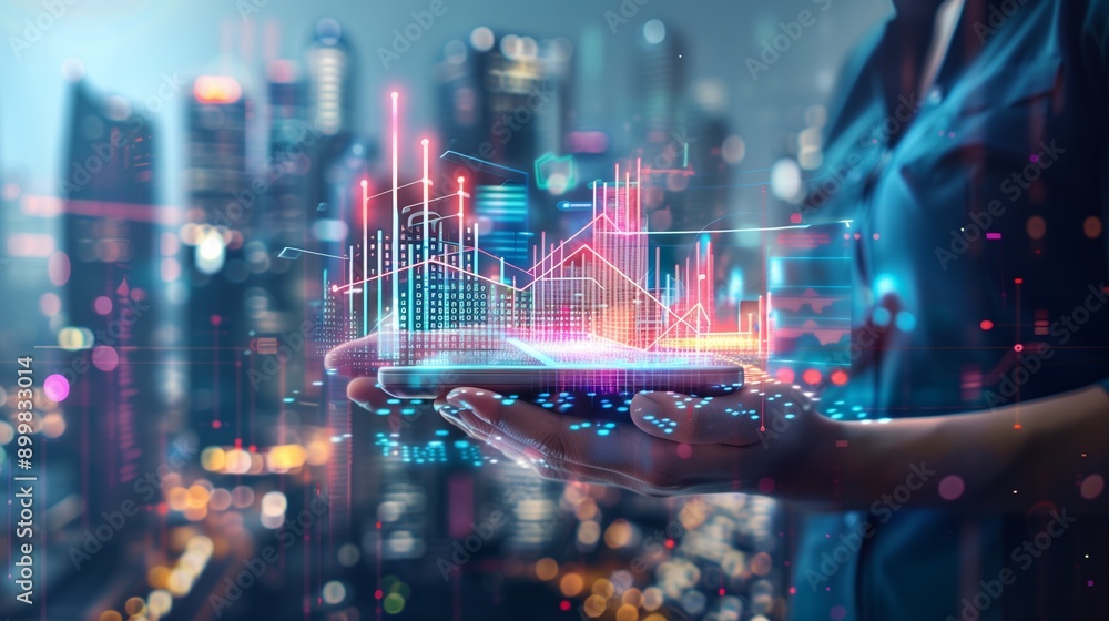 Poster a futuristic business data forecasting and analytics with advanced technology and digital interfaces