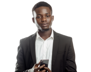 A young businessman from Sub-Saharan Africa, in a modern setting, holding a smartphone, symbolizing the promise and potential of African entrepreneurs.