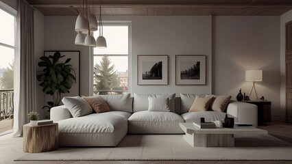 Intelaiature di immagini vuote su parete bianca. progettazione di un soggiorno bianco. vista dell'interno in stile boho scandi mod. Intelaiature di immagini vuote su parete bianca. progettazione di un