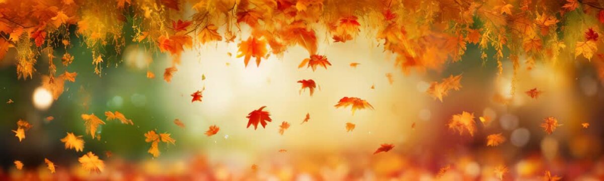 autumn forest background with golden lighting and bright orange maple leaves. beautiful colorful fall season nature scene with copy space. Web site banner