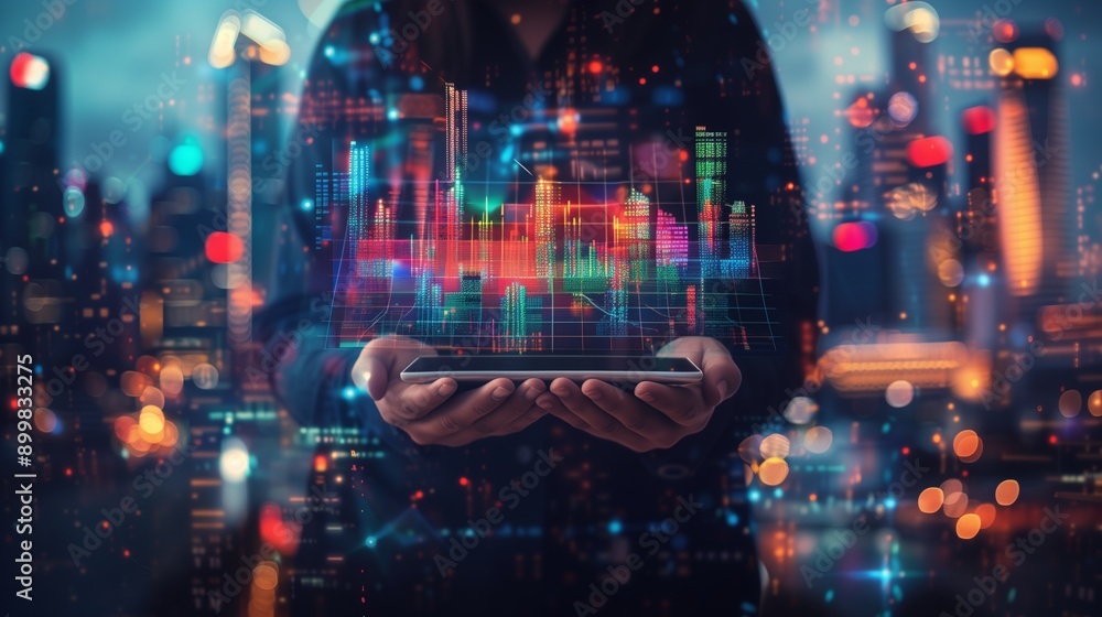 Poster a futuristic business data forecasting and analytics with advanced technology and digital interfaces
