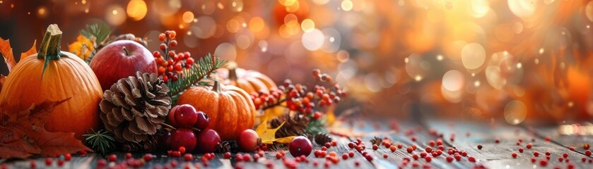Autumn harvest with pumpkins, grapes, and pinecones.