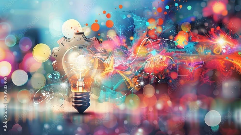 Poster a person brainstorming with colorful sticky notes and light bulbs symbolizing creativity and innovat