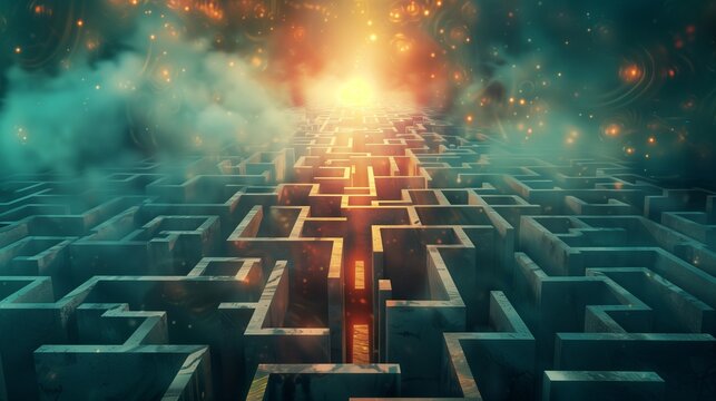 A complex digital maze representing the challenges and obstacles in the digital world, symbolizing cybersecurity, data protection, and online navigation.