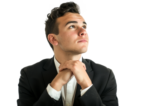A young North American businessman in a classic suit, deep in thought, white background.