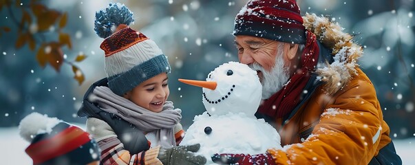 A joyful winter scene with a child and grandparent building a snowman together, surrounded by falling snowflakes.