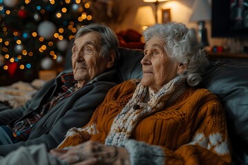 Fototapeta premium An elderly couple enjoys a cozy evening together, surrounded by festive holiday decorations and a warm atmosphere.
