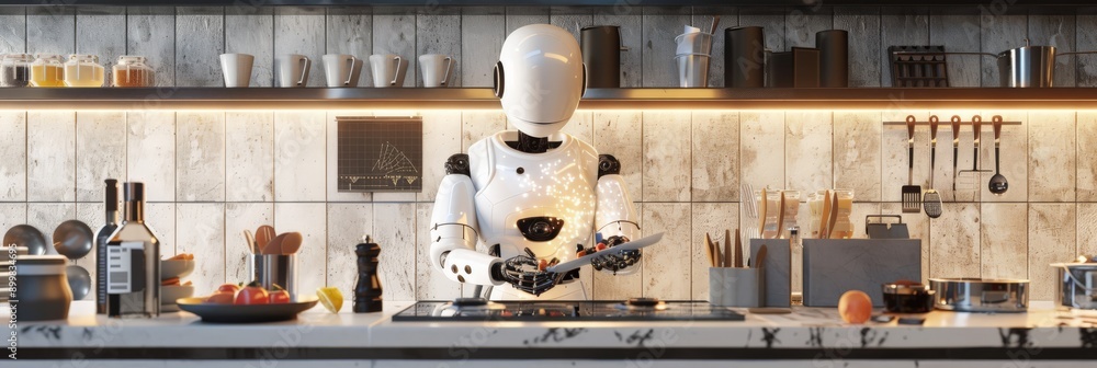 Poster high-tech robot chef preparing gourmet meal in modern kitchen. advanced ai and robotics in home cook