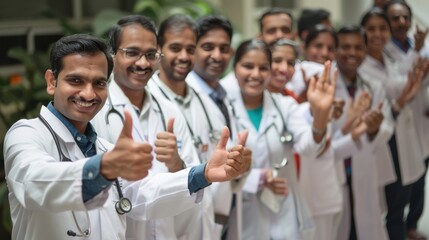 Indian asian group of medical doctors thumbs up, clappiing or celebrating success