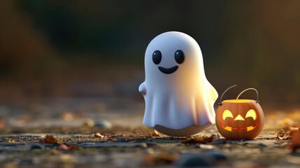 A cute ghost figure with a smiling face stands beside a carved pumpkin, capturing the playful spirit of Halloween.