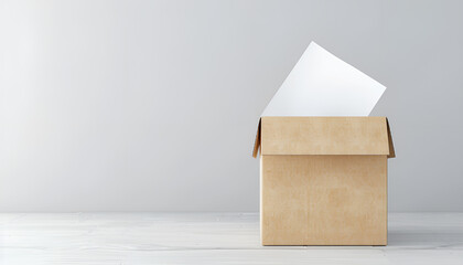 Ballot box with vote on light grey background. Election time