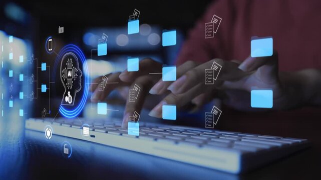 Ai Futuristic holographic interface of a file manager, folder structure with documents and data scanning, digital document storage software, cloud database, search and manage documents, paperless