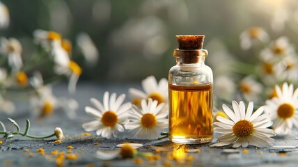 chamomile extract in a small bottle on sacking. selective focus. Generative AI,