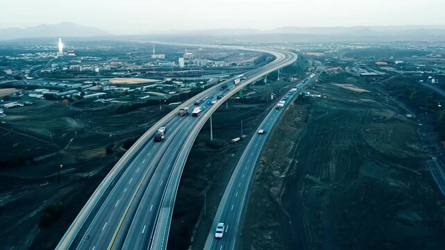 Aerial view of a vast, multi-lane highway stretching into the horizon, surrounded by greenery and a few scattered buildings