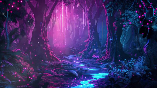 Enchanted forests in synthwave style with neon-lit details and a dark background. Seamless Loop Animation