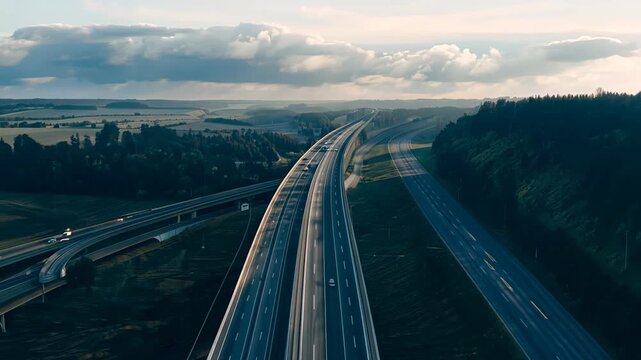 Aerial view of a vast, multi-lane highway stretching into the horizon, surrounded by greenery and a few scattered buildings