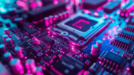 Obraz premium Motherboard with circuit technology including processor, microchip, and hardware in neon pink and blue