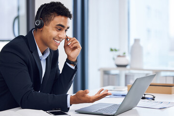 Call center, laptop and man with headset in office for communication, customer support or service....