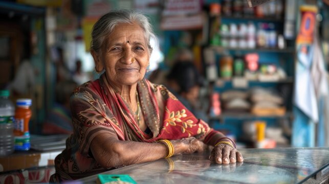 Portrait of Indianwoman small Kirana or grocery shop owner sitting at cash counter, looking happily at camera