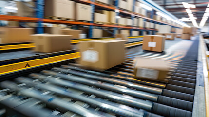 Boxes on conveyor belt fast motion dynamic and efficient scene rapid and smooth movement industrial and logistical setting busy and active process high-speed operation visual of automation and product
