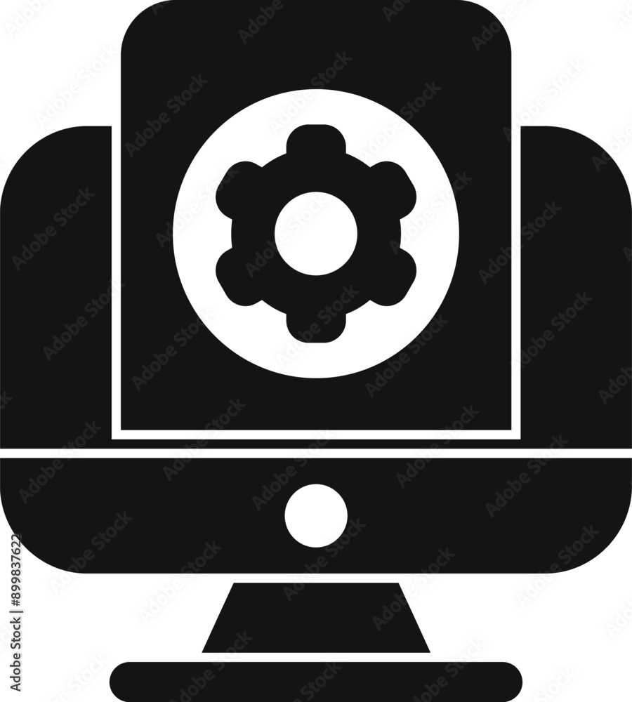 Poster black and white icon of a desktop computer displaying a gear wheel, representing configuration or se