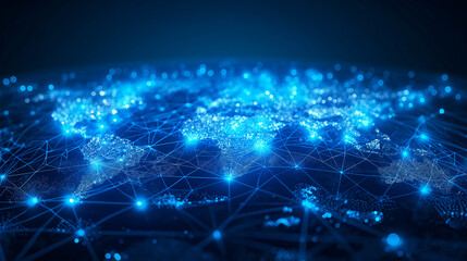 Fototapeta premium Global digital network technology with blue abstract map and glowing connections on cyberspace