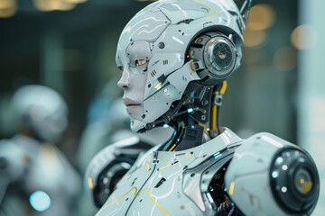 A woman in a white robot suit stands in front of a wall