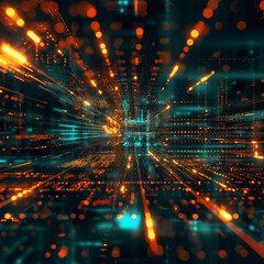 Fototapeta premium Futuristic visualization of glowing data network in cyberspace with neon lights and technology abstraction