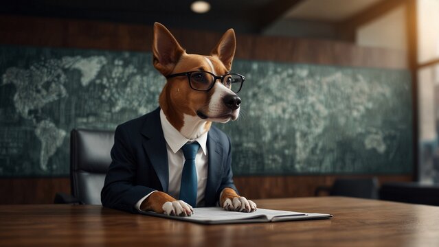 Dog in suit with glasses sitting at desk in modern office setting