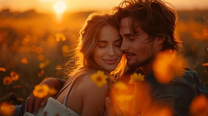 Naklejka premium A couple sits on a picnic blanket in a wildflower field at sunset, the woman rests her head on the man's shoulder, and the man holds her tightly, lovingly, romantically, naturally, at sunset