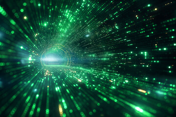 Naklejka premium Green glowing matrix digital light tunnel with futuristic cyber abstract technology