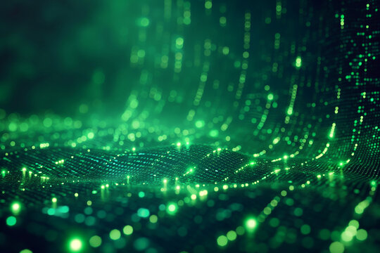 Luminescent green digital data matrix in motion, creating a dynamic network pattern