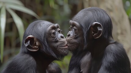 Two baby monkeys kiss each other