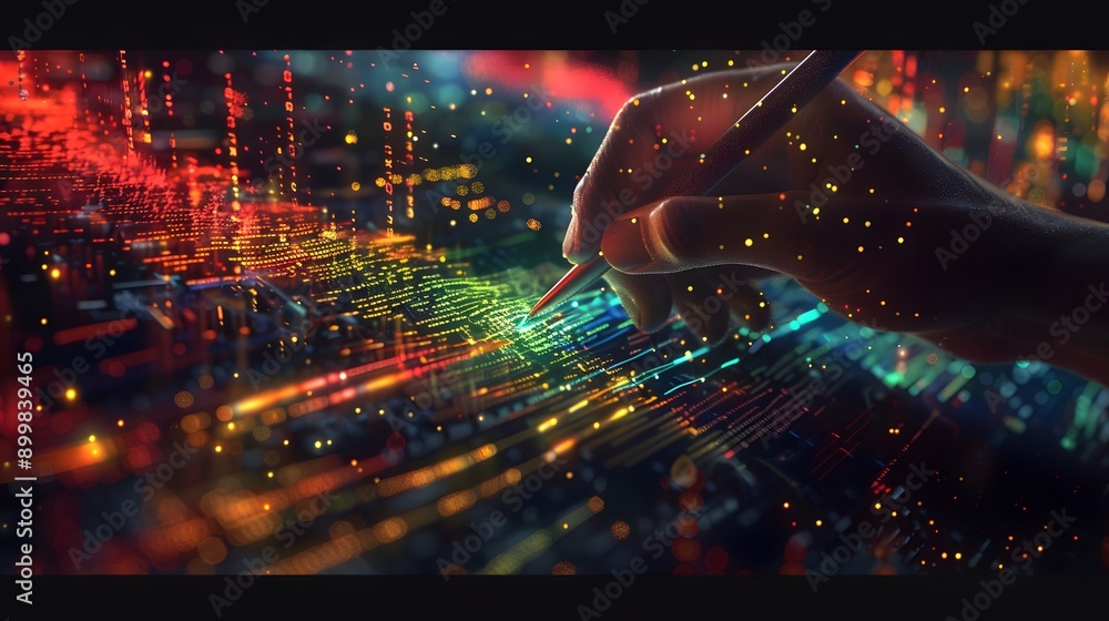 Poster a realistic depiction of a hand holding a digital pen creating illuminated lines on a tech interface
