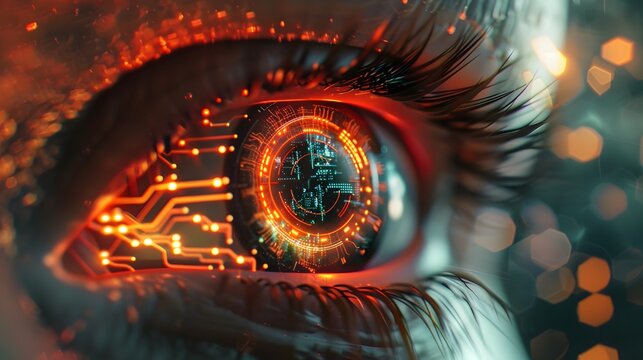 Close-up of a human eye with advanced cybernetic implants and digital interface