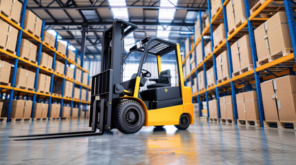 Forklift truck in warehouse efficient and organized setting industrial and logistical environment heavy lifting equipment busy and active scene essential for warehouse operations