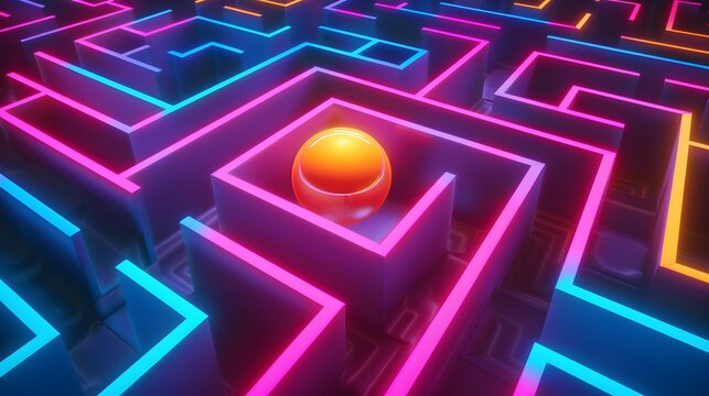 A neon light maze with vibrant colors featuring a glowing central sphere