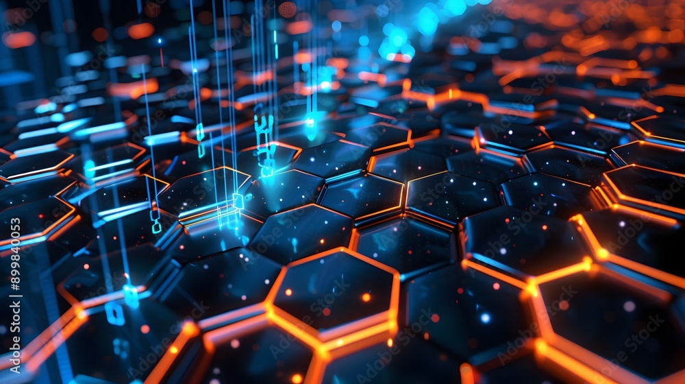 Poster a futuristic high-tech user interface with glowing hexagonal pattern