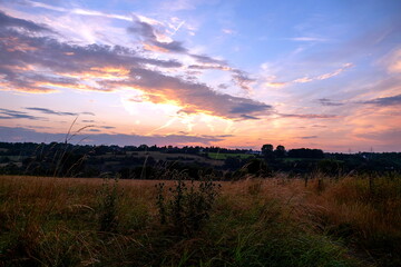 Abenddämmerung über blühenden Feldern zwischen Berg und Tal