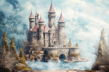 Obraz premium This photo captures a painting depicting a castle nestled amidst the dense foliage of a forest, Medieval castle backdrop for a majestic princess-themed birthday, AI Generated