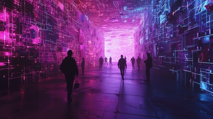 A captivating image of a futuristic cityscape illuminated by vibrant neon lights. Silhouetted figures walk through the digital environment, highlighting themes of technology, urbanization, and the
