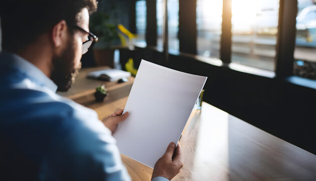 Man looking at a white empty magazine cover DIN A4 format as a mock-up. Office.