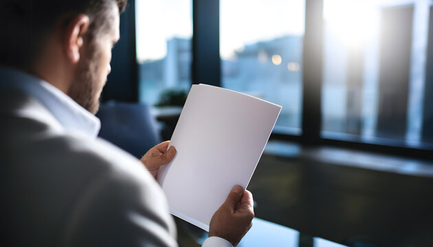 Man looking at a white empty magazine cover DIN A4 format as a mock-up. Office.